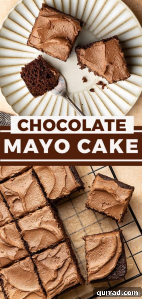 Velvet Chocolate Mayonnaise Cake 7 Pinterest graphic: Text 'Chocolate Mayonnaise Cake Recipe' with a picture of a frosted chocolate cake.