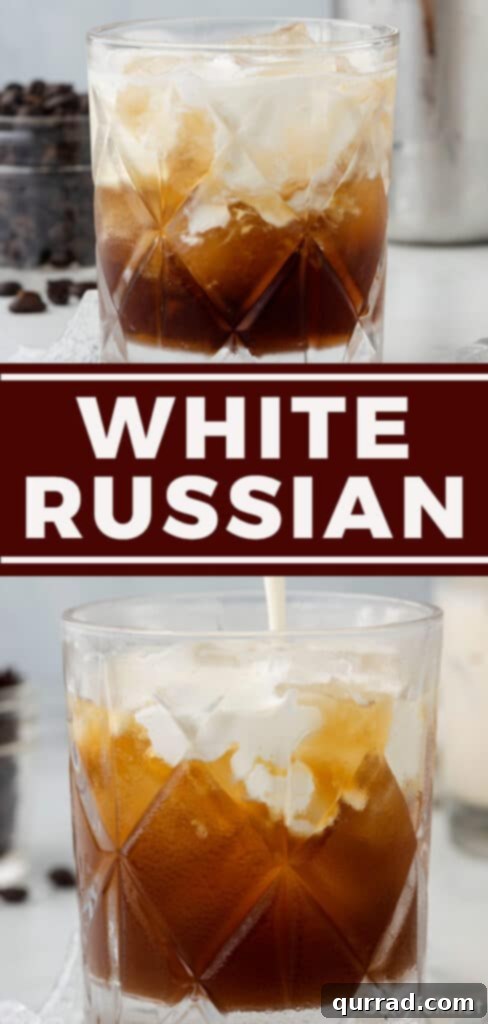 Velvet Nightcap 7 Pinterest pin graphic for an easy White Russian cocktail recipe, featuring a close-up of the drink.