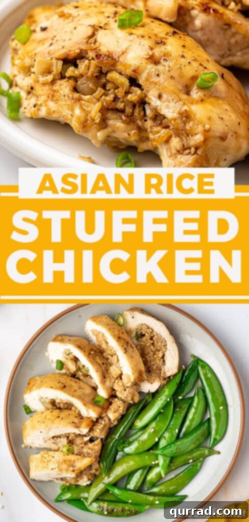 Fragrant Asian Rice Stuffed Chicken 6 Pinterest pin graphic featuring a close-up of Asian rice stuffed chicken breasts with green vegetables, promoting the recipe for easy saving.