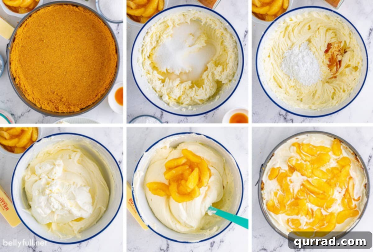 No Bake Apple Pie Cheesecake 4 Six process images showing the steps to make a no-bake apple pie cheesecake.