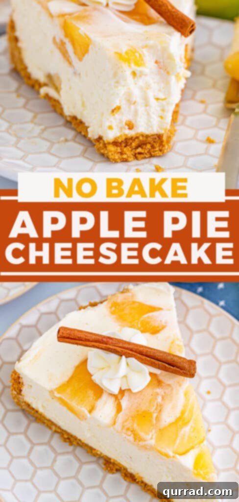 No Bake Apple Pie Cheesecake 7 Pinterest pin with text overlay for an irresistible no-bake apple cheesecake recipe, perfect for fall.