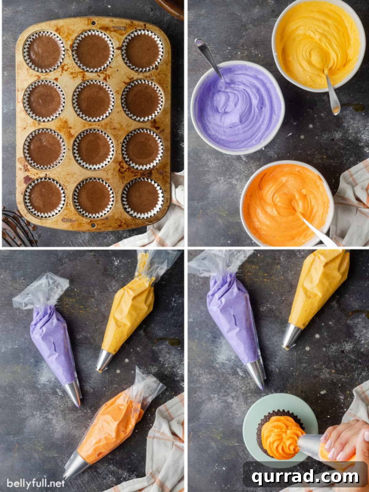 Bewitching Hocus Pocus Cupcakes 4 Process shots showing stages of making Hocus Pocus Halloween Cupcakes, from mixing batter to coloring buttercream and piping frosting.