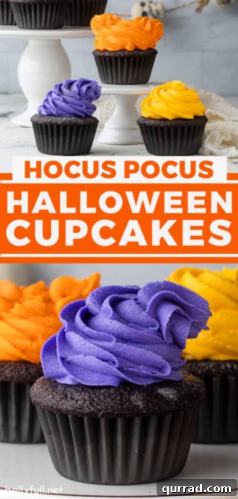 Bewitching Hocus Pocus Cupcakes 7 Pin for Hocus Pocus Halloween Cupcakes recipe, showing colorful frosted cupcakes with edible glitter against a festive backdrop.