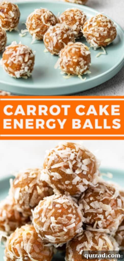 Carrot Cake Bliss Bites 7 Pinterest pin graphic for the carrot cake energy balls recipe, featuring an appealing photo and recipe title.