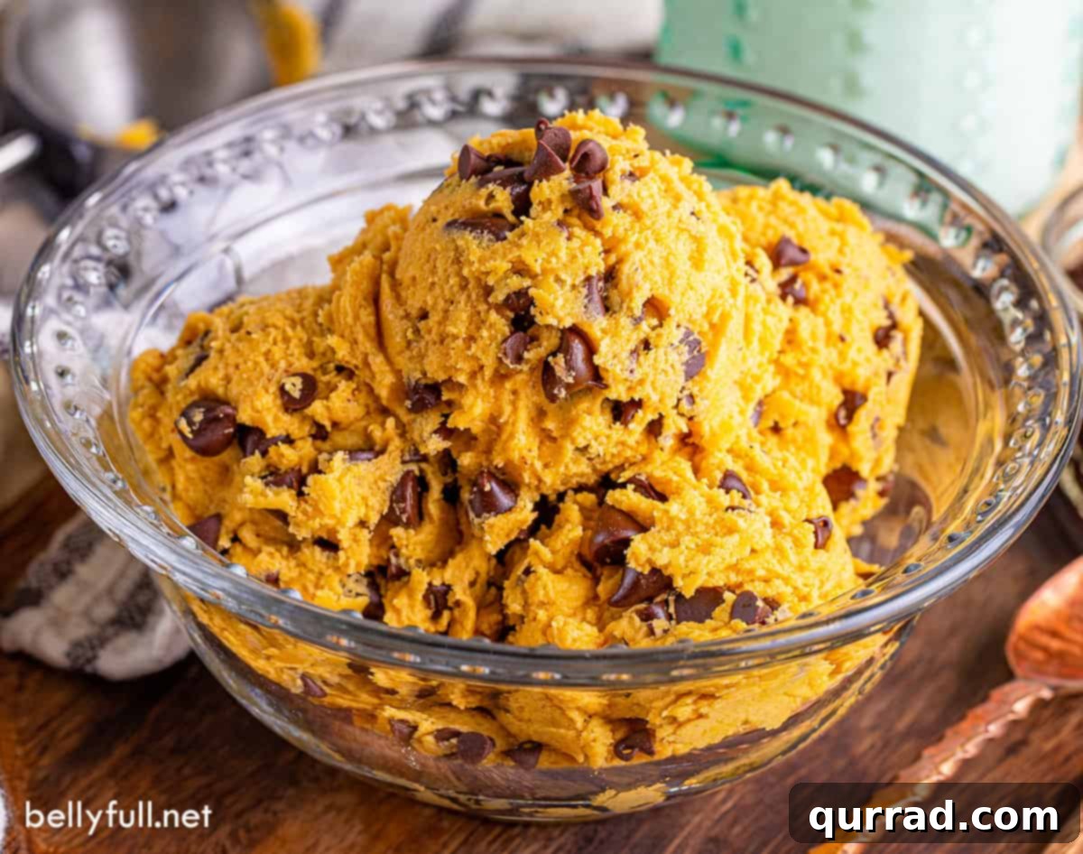 A bowl of edible pumpkin chocolate chip cookie dough, ready to be served