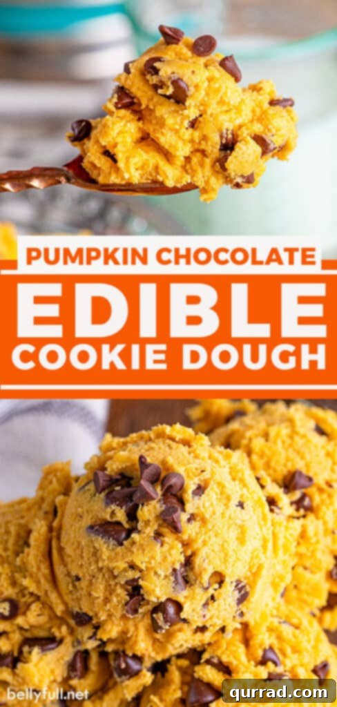 Two photos, the top a spoonful of pumpkin edible cookie dough and the bottom several scoops in a bowl