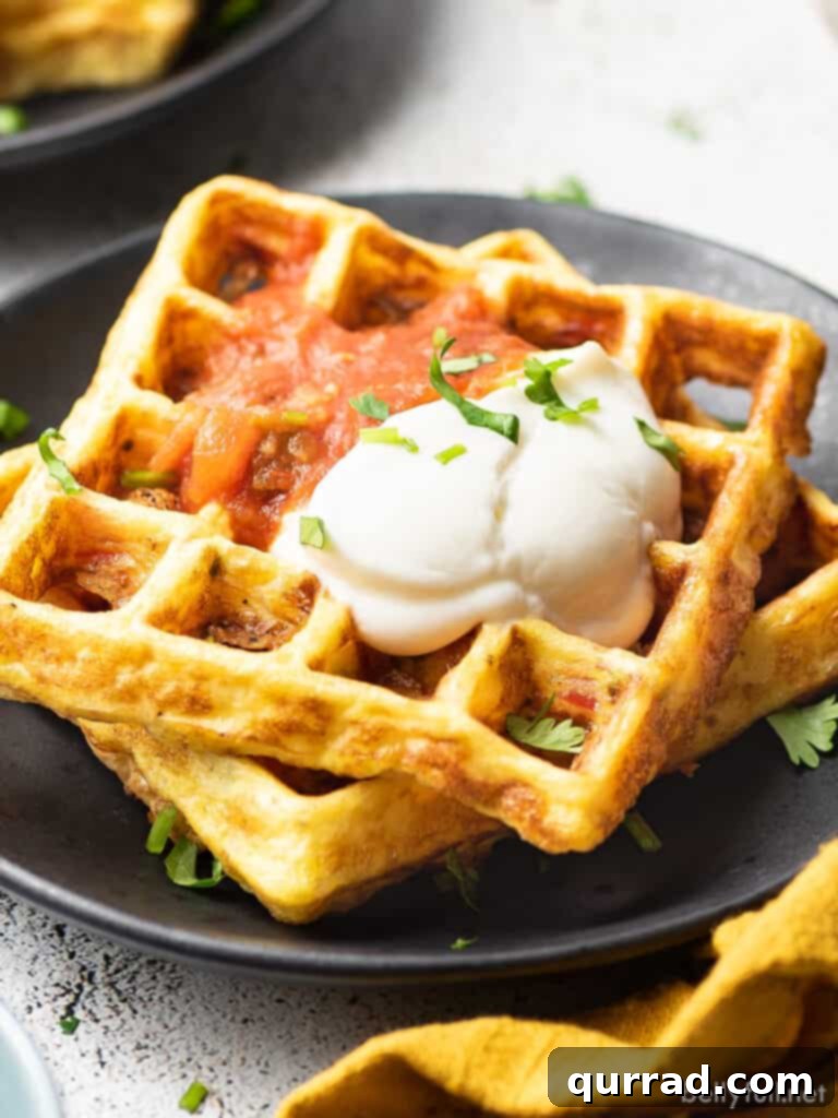 Fiesta Chaffles 2 Two stacked Tex-Mex Chaffles topped with a dollop of sour cream and vibrant salsa, garnished with fresh cilantro, ready to be enjoyed.