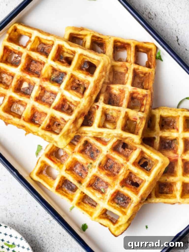 Fiesta Chaffles 3 Four golden-brown Tex-Mex Chaffles neatly arranged on a white serving tray, showcasing their perfect texture and inviting appearance.