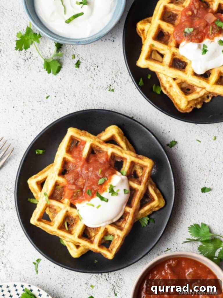 Fiesta Chaffles 4 An overhead shot of a Tex-Mex Chaffle on a black plate, adorned with a generous dollop of sour cream and vibrant salsa, highlighting its appealing presentation.