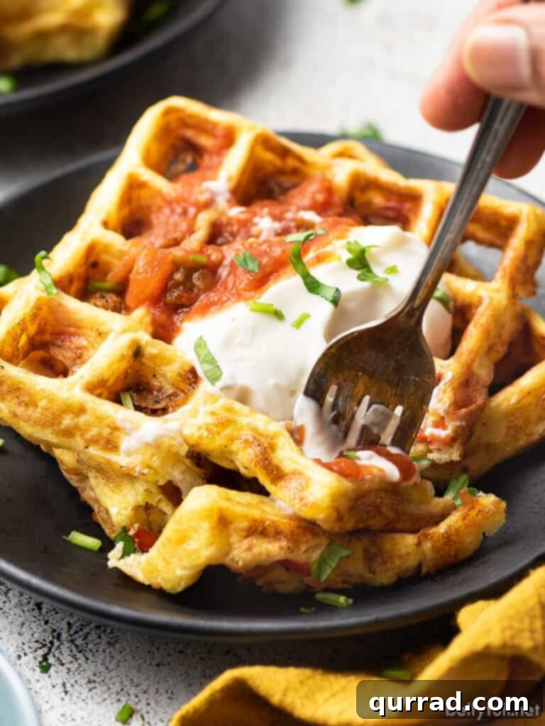 Fiesta Chaffles 5 A close-up shot of a fork taking a bite from a Tex-Mex Chaffle, revealing the cheesy, eggy interior and crispy texture.