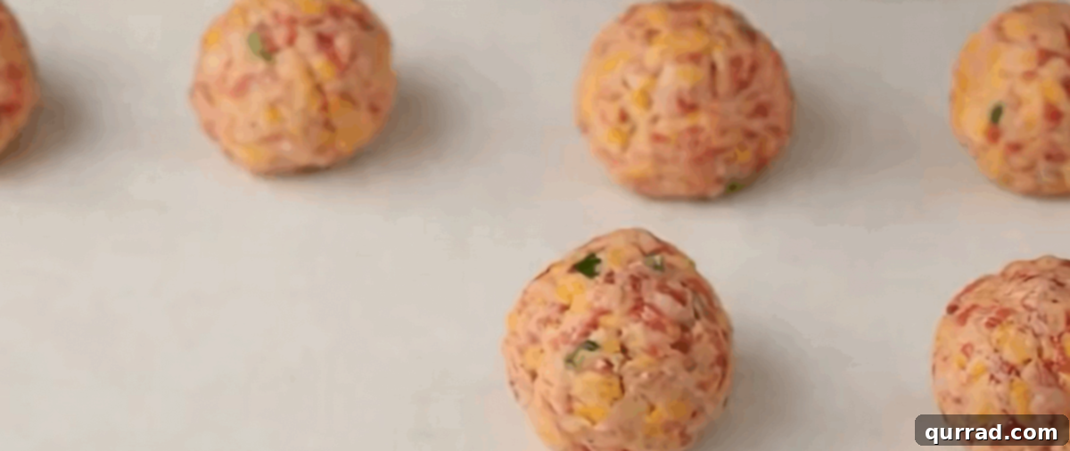 Rows of perfectly formed, uncooked sausage balls resting on a parchment-lined baking sheet, spaced evenly before chilling.