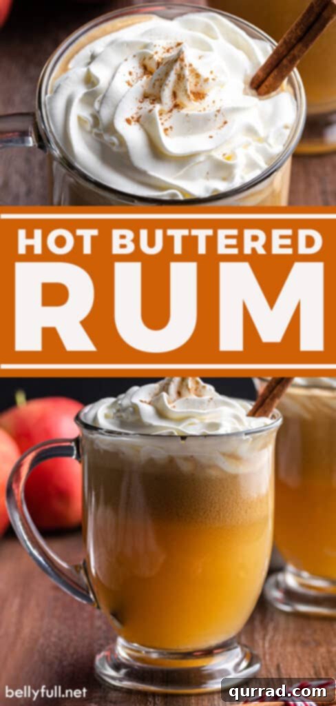 Fireside Golden Buttered Rum 5 A two-panel Pinterest-style image for Hot Buttered Rum recipe, featuring a close-up of a garnished mug and a full mug shot, both exuding warmth and festive appeal.