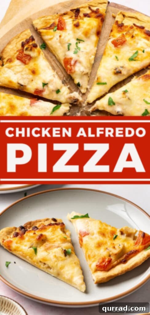 Creamy Chicken Alfredo Pizza 6 Two picture pin for chicken alfredo pizza recipe
