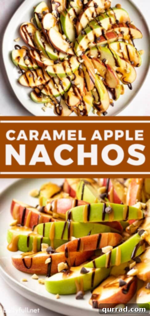 Two vertical images on a Pinterest pin, showcasing the deliciousness of apple nachos, perfect for a fall dessert or snack.