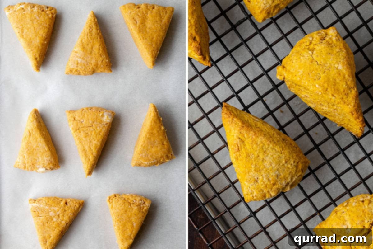 Triangle pumpkin scones arranged on a baking sheet before baking