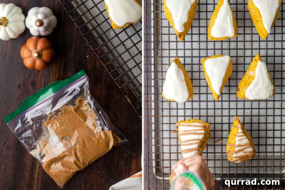 Pumpkin scones being drizzled with pumpkin spice glaze