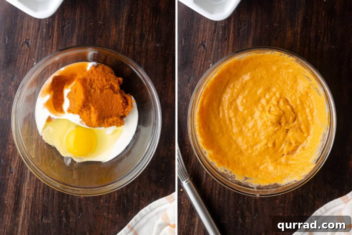 Wet ingredients for pumpkin scones: pumpkin puree, heavy cream, egg, vanilla extract