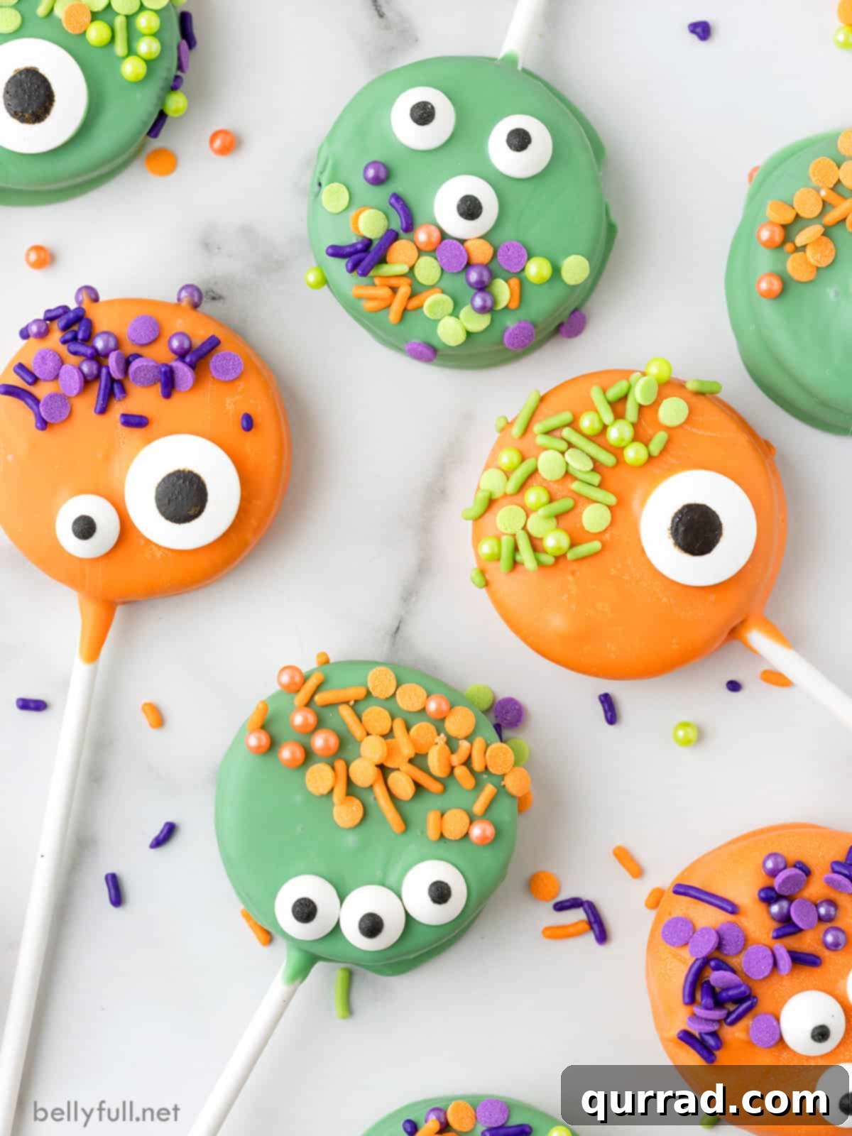 Ghoulish Oreo Cookie Pops 3 Close-up of Halloween monster pops with googly eyes and colorful sprinkles