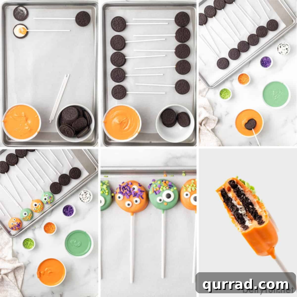 Ghoulish Oreo Cookie Pops 4 Six process shots showing how to make Halloween chocolate dipped Oreos with lollipop sticks, eyes, and sprinkles