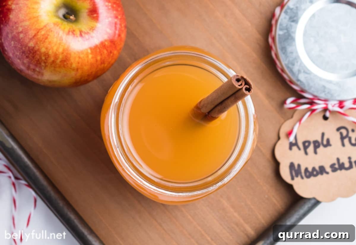 Overhead view of a mason jar of homemade apple pie moonshine