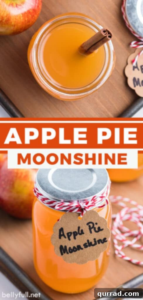Two images of apple pie moonshine in a mason jar