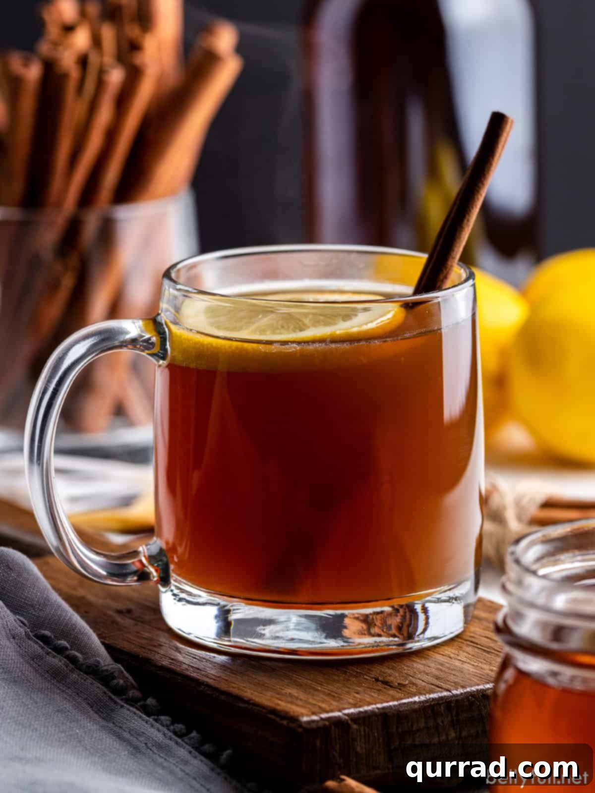 Spirited Winter Comfort 3 A hot toddy in a mug with a lemon slice and cinnamon stick