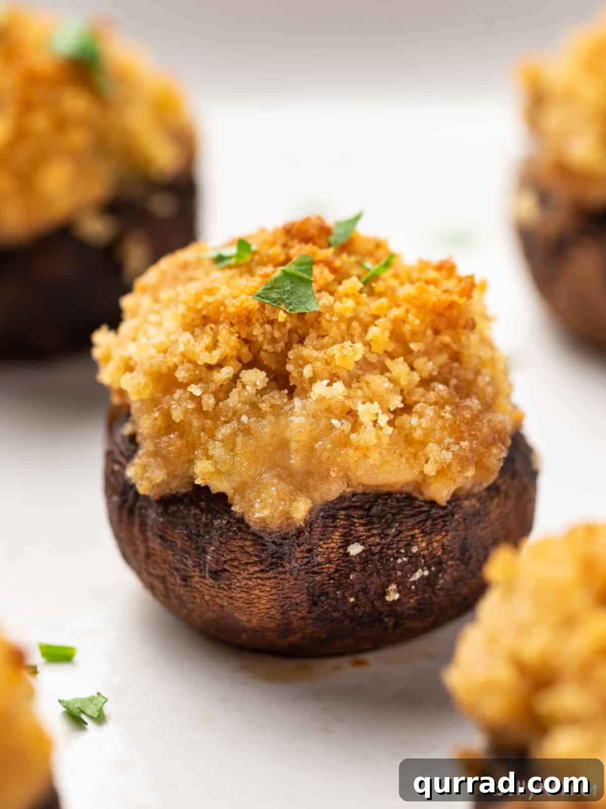Velvet Crab Stuffed Mushrooms 2 Close-up of a crab and cream cheese stuffed mushroom, garnished with fresh herbs