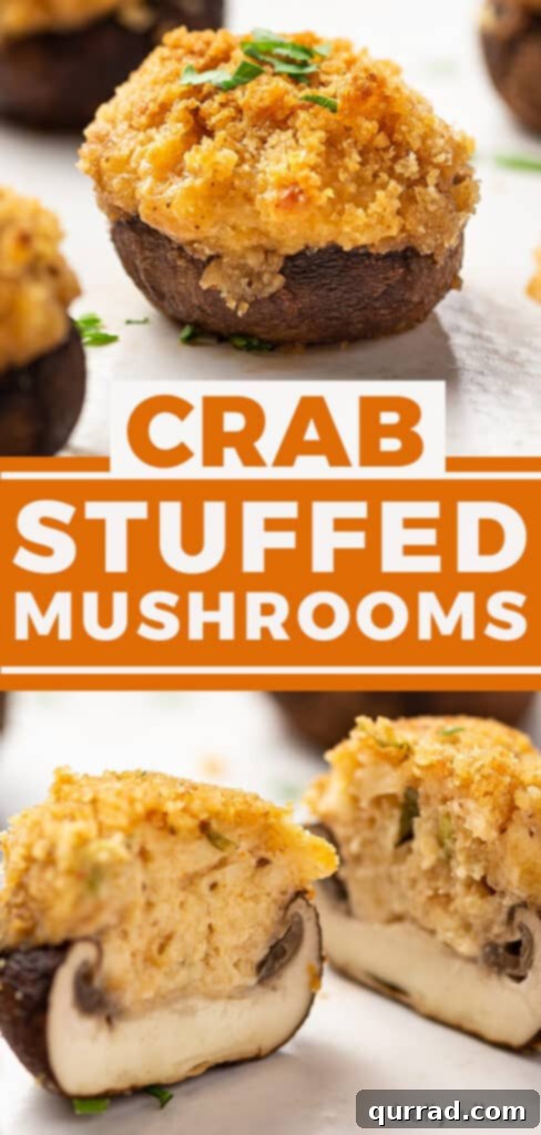 Velvet Crab Stuffed Mushrooms 7 Two image pin of crab stuffed mushrooms recipe, showing the finished dish and ingredients