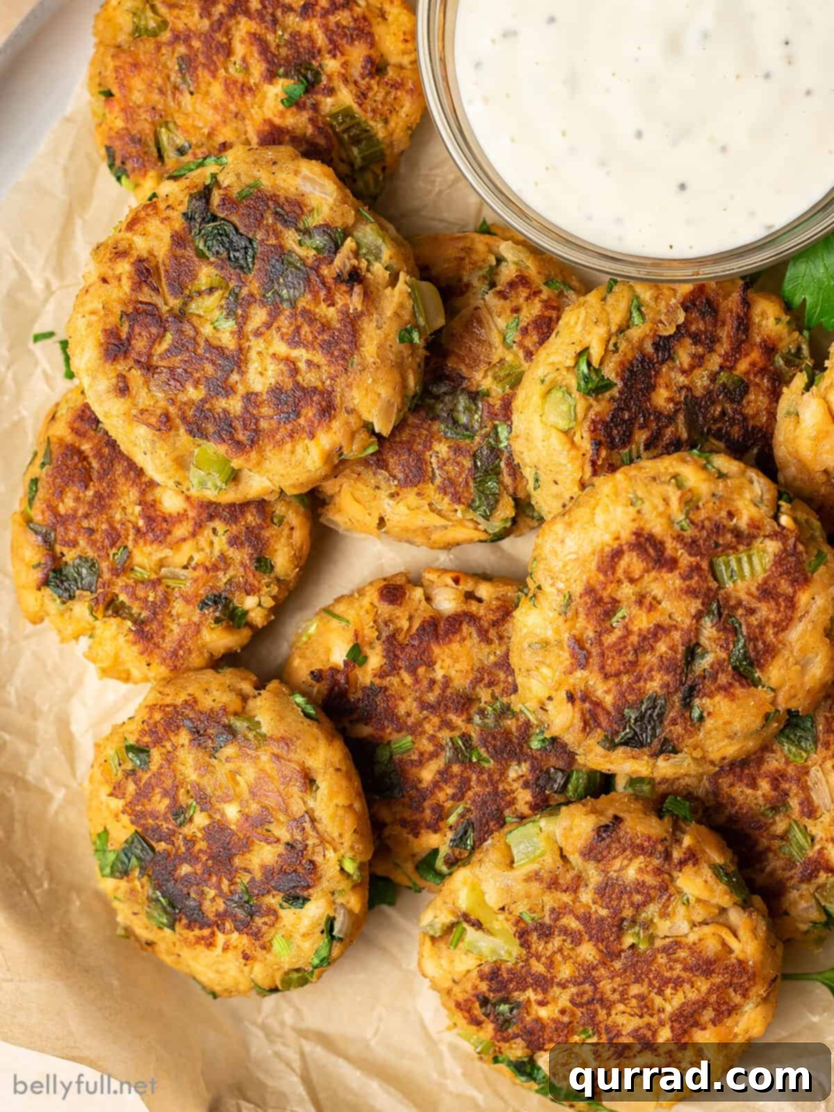 Savory Salmon Cakes 2 A serving plate of salmon patties with tzatziki dipping sauce