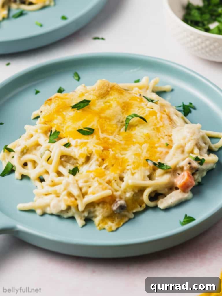 Golden Baked Turkey Tetrazzini 3 A generous portion of homemade Turkey Tetrazzini served on a blue plate, highlighting its creamy texture and golden cheesy crust.