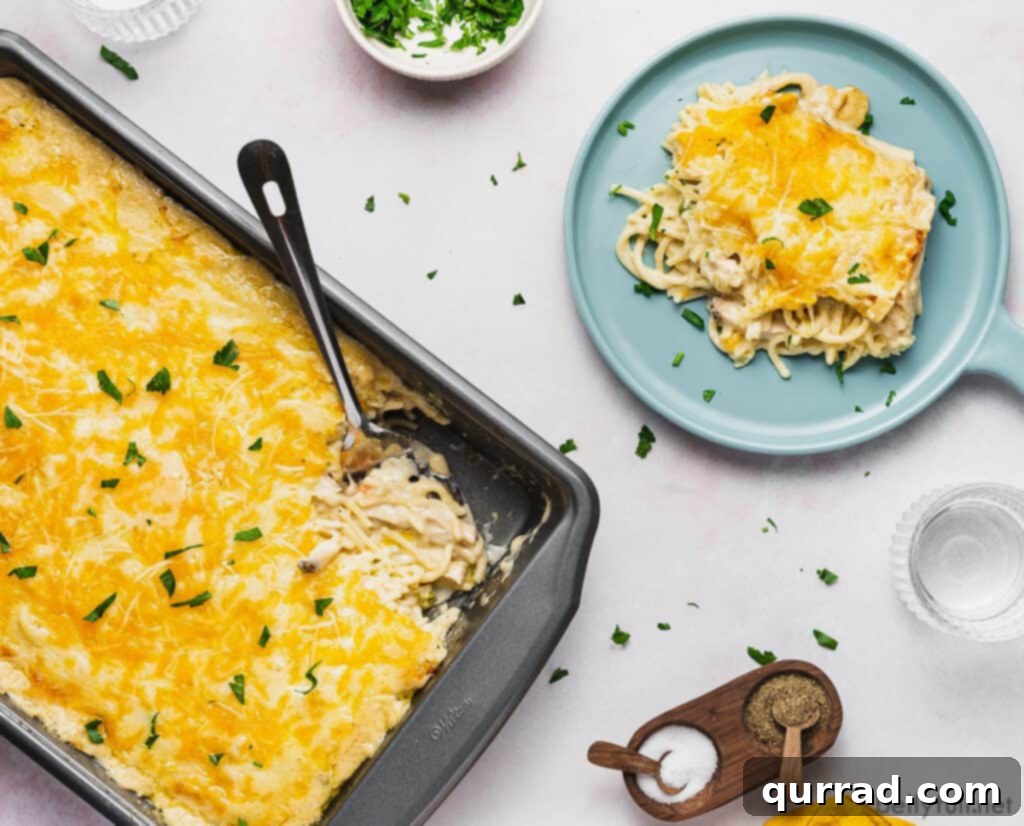 Golden Baked Turkey Tetrazzini 4 Turkey Tetrazzini presented in a white casserole dish next to a serving on a white plate, garnished with fresh parsley.