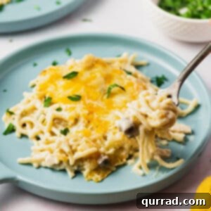 portion of turkey tetrazzini on blue plate