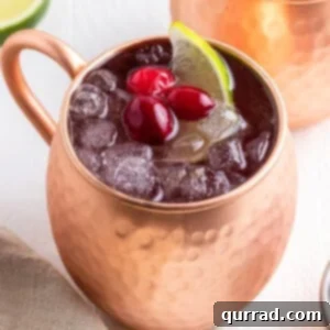 Cranberry Moscow Mule cocktail with cranberries as garnish