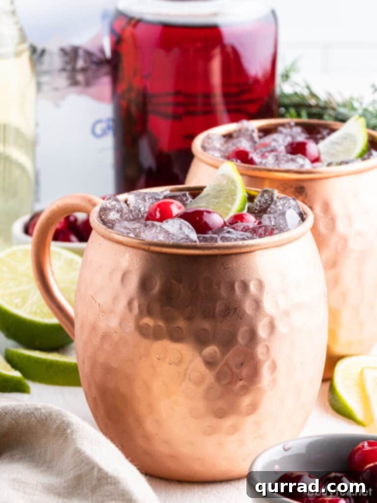 Moscow Mule in a copper mug with a pitcher of cranberry juice in the background.