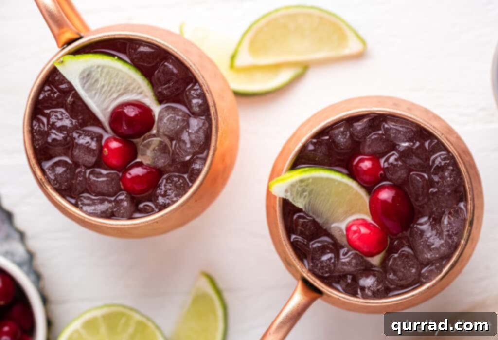 A close-up of a Cranberry Moscow Mule garnished with cranberries and a lime wedge.