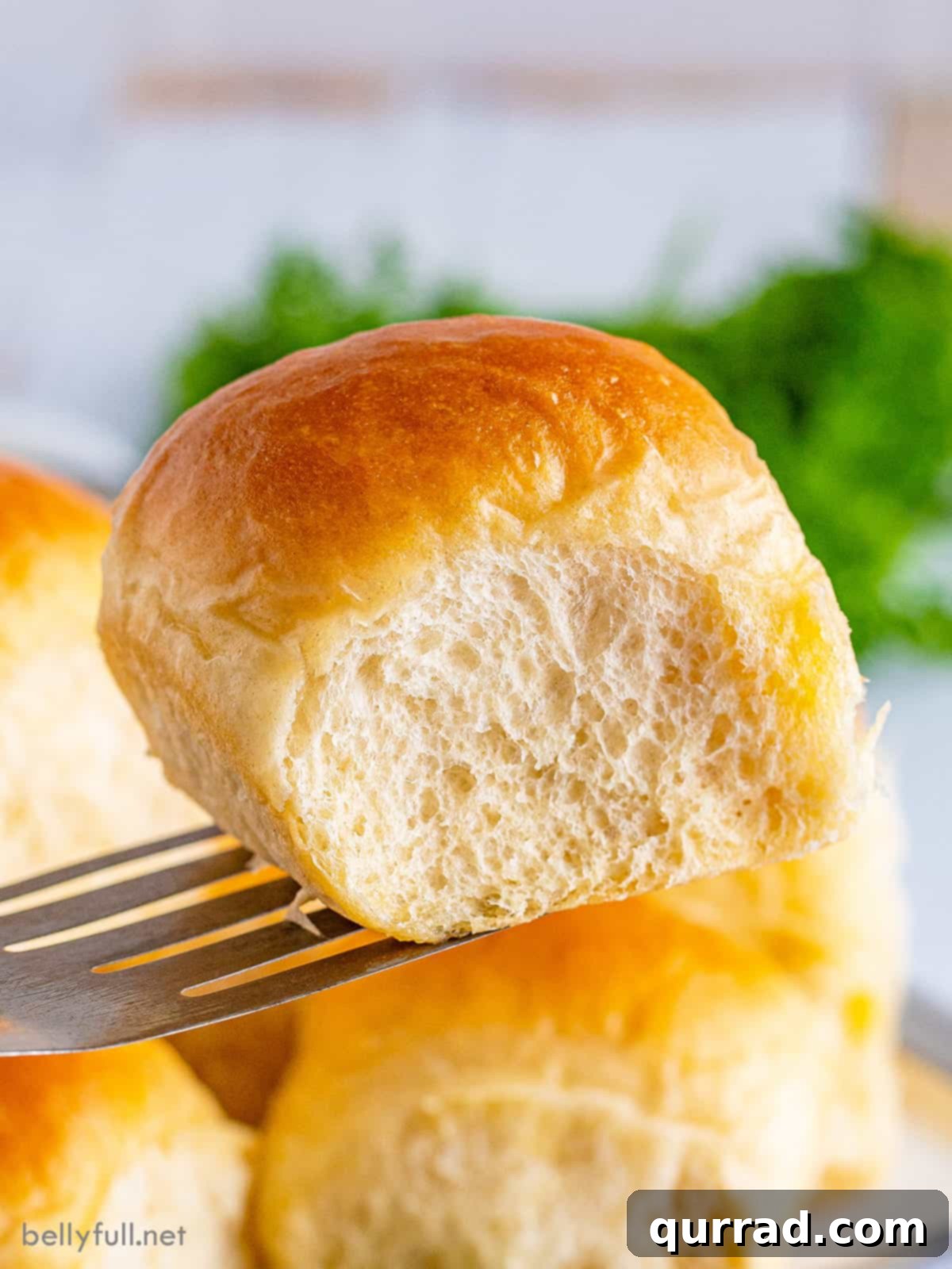 Pillowy Dinner Rolls 3 A single homemade yeast roll on a fork, showing its soft and airy interior
