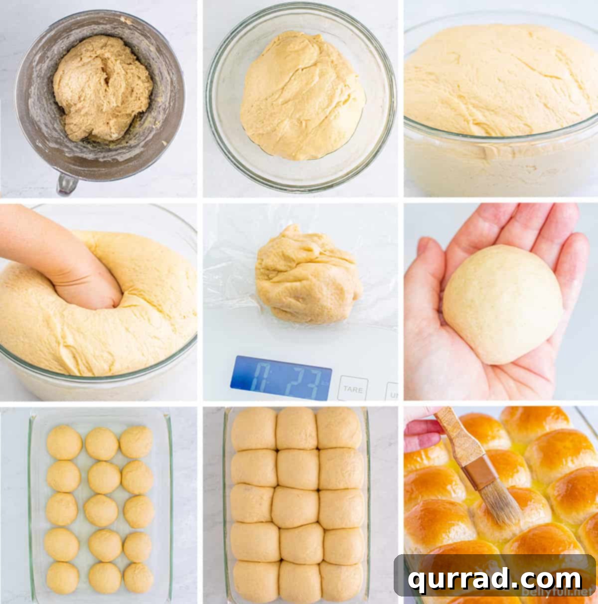 Pillowy Dinner Rolls 4 Step-by-step process images for making homemade dinner rolls, showing dough rising and shaping