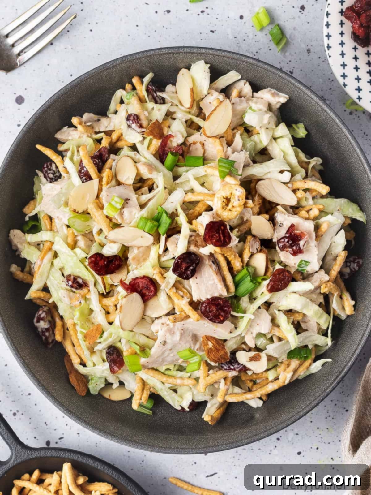 Overhead view of a vibrant turkey salad with cranberries, chow mein noodles, and fresh greens in a black bowl, ready to be served
