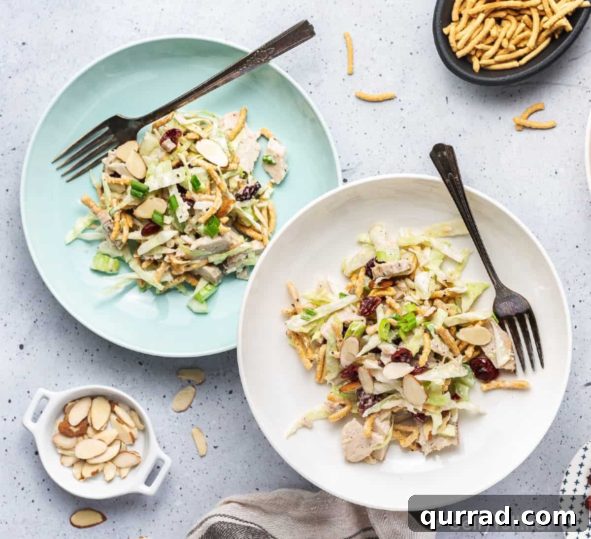 Overhead view of two plates of turkey cranberry salad, garnished and ready to be enjoyed, highlighting the vibrant colors and appealing textures