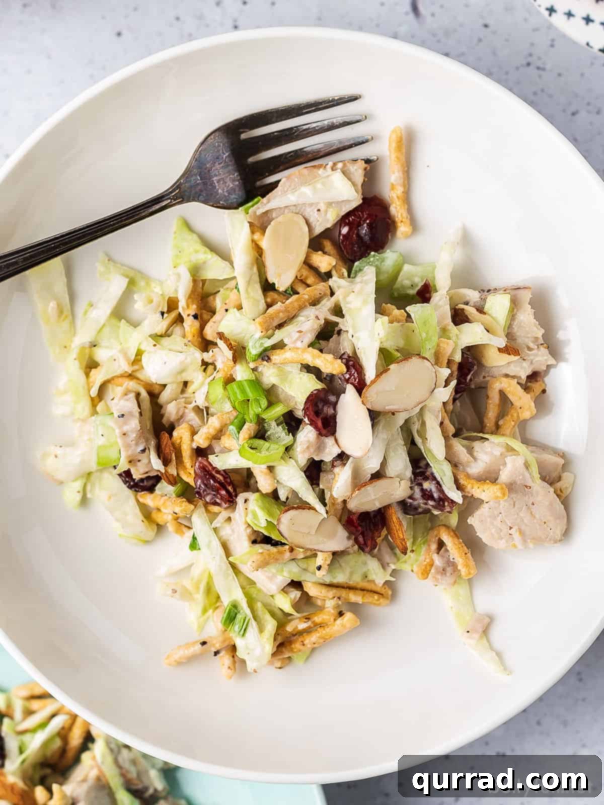 Close-up view of a serving of turkey salad with cranberries, showing the fork ready to pick up a delicious bite