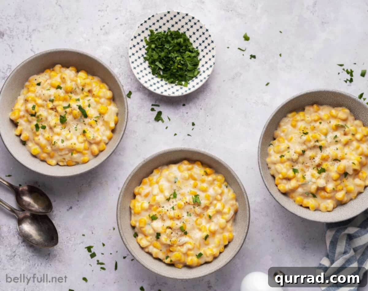 Golden Harvest Cream 8 Overhead view of 3 bowls of creamy homemade creamed corn, ready to be enjoyed.