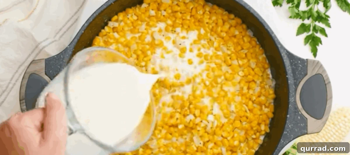 Golden Harvest Cream 6 Pouring the milk and flour mixture into the pot with the creamed corn ingredients to thicken.