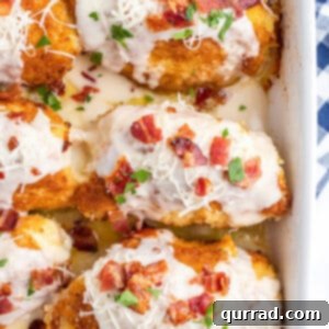 Overhead close up view of a baking dish of chicken cordon bleu