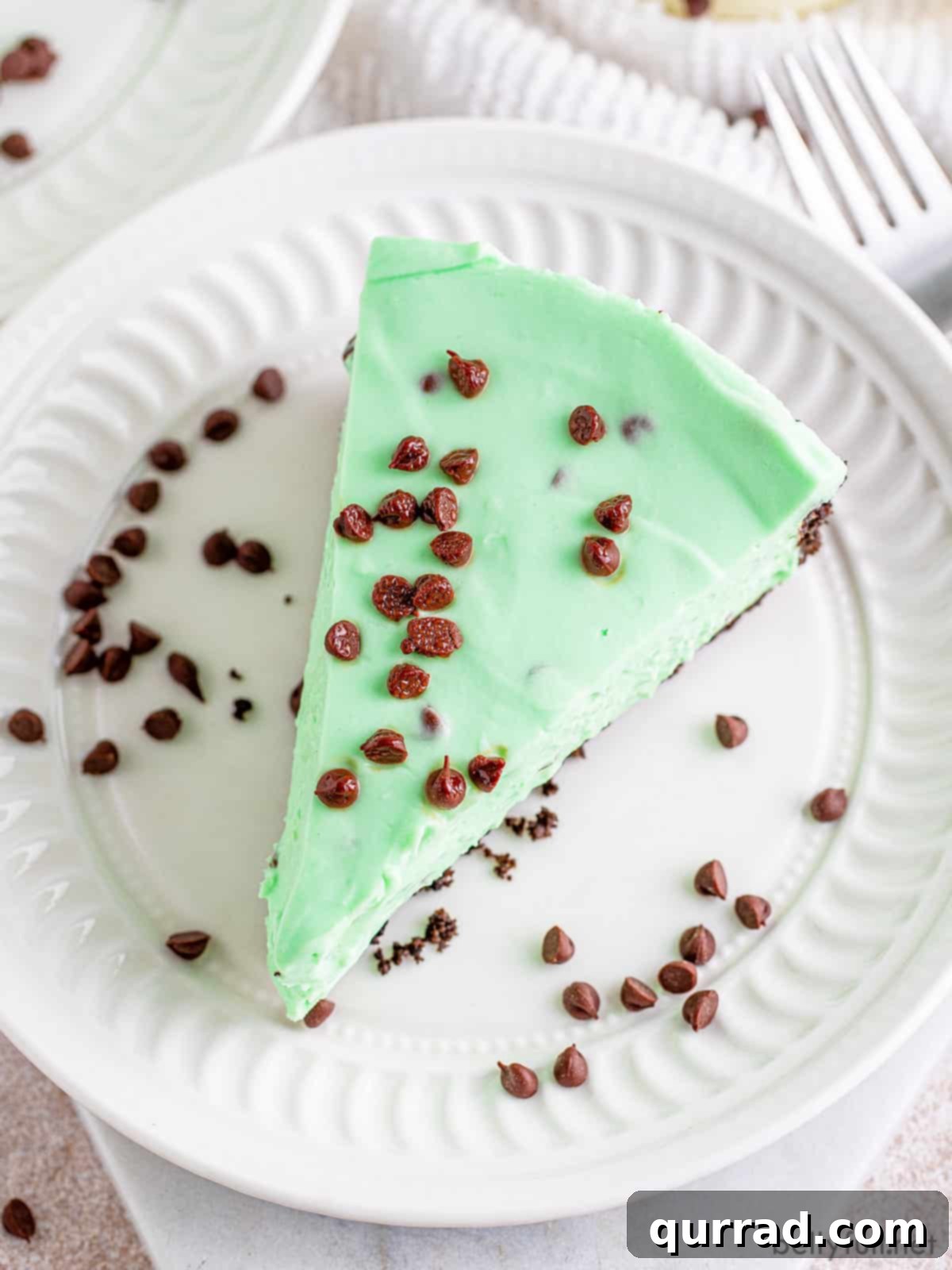 Effortless Mint Chocolate Chip Cheesecake 4 A pristine slice of no bake mint chocolate chip cheesecake served on a white plate, ready to be enjoyed.