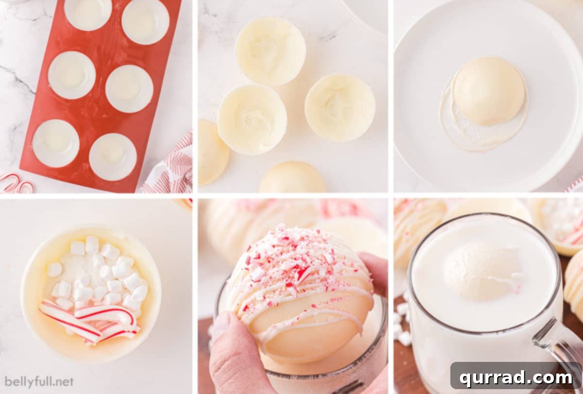 White Hot Cocoa Magic Melts 4 A step-by-step visual guide showing the process of how to make a hot chocolate bomb, from melting chocolate to forming the delicate halves, essential for a successful DIY project.