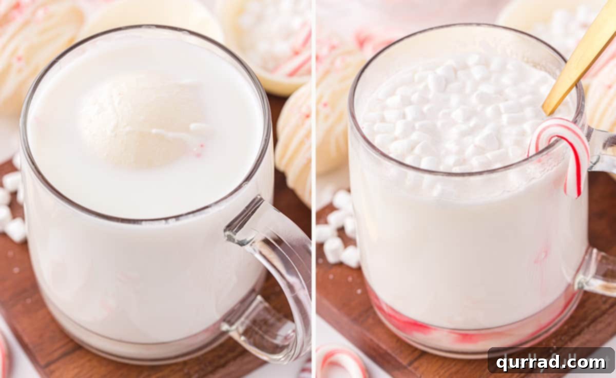 White Hot Cocoa Magic Melts 6 A sequence of two images depicting a hot chocolate bomb being carefully dropped into a mug of warm milk, illustrating the beginning of the magical dissolution and transformation.
