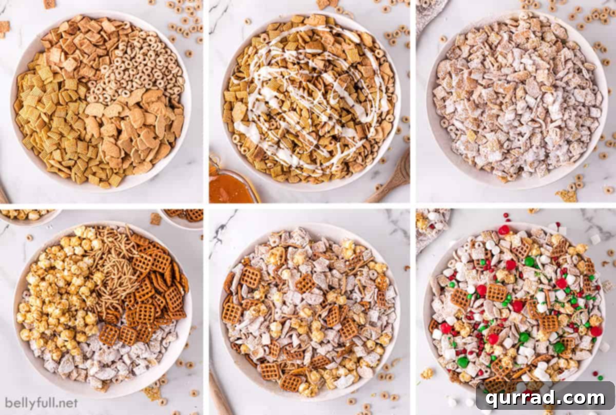 Reindeer Chow 4 A sequence of three process images showing the step-by-step creation of Christmas Chex Mix, from combining dry ingredients to coating them with melted chocolate and powdered sugar.