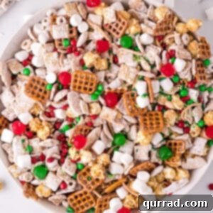 Reindeer Chow 7 Overhead view of a large bowl of Christmas chex mix