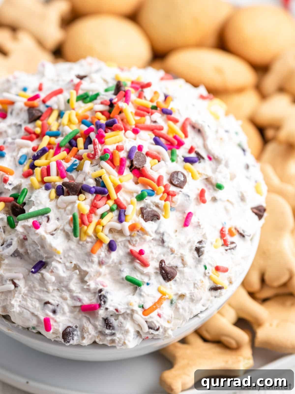 A close-up view of a bowl of Funfetti Dip, surrounded by a variety of dippers including animal crackers and vanilla wafers, highlighting its creamy texture and colorful sprinkles.