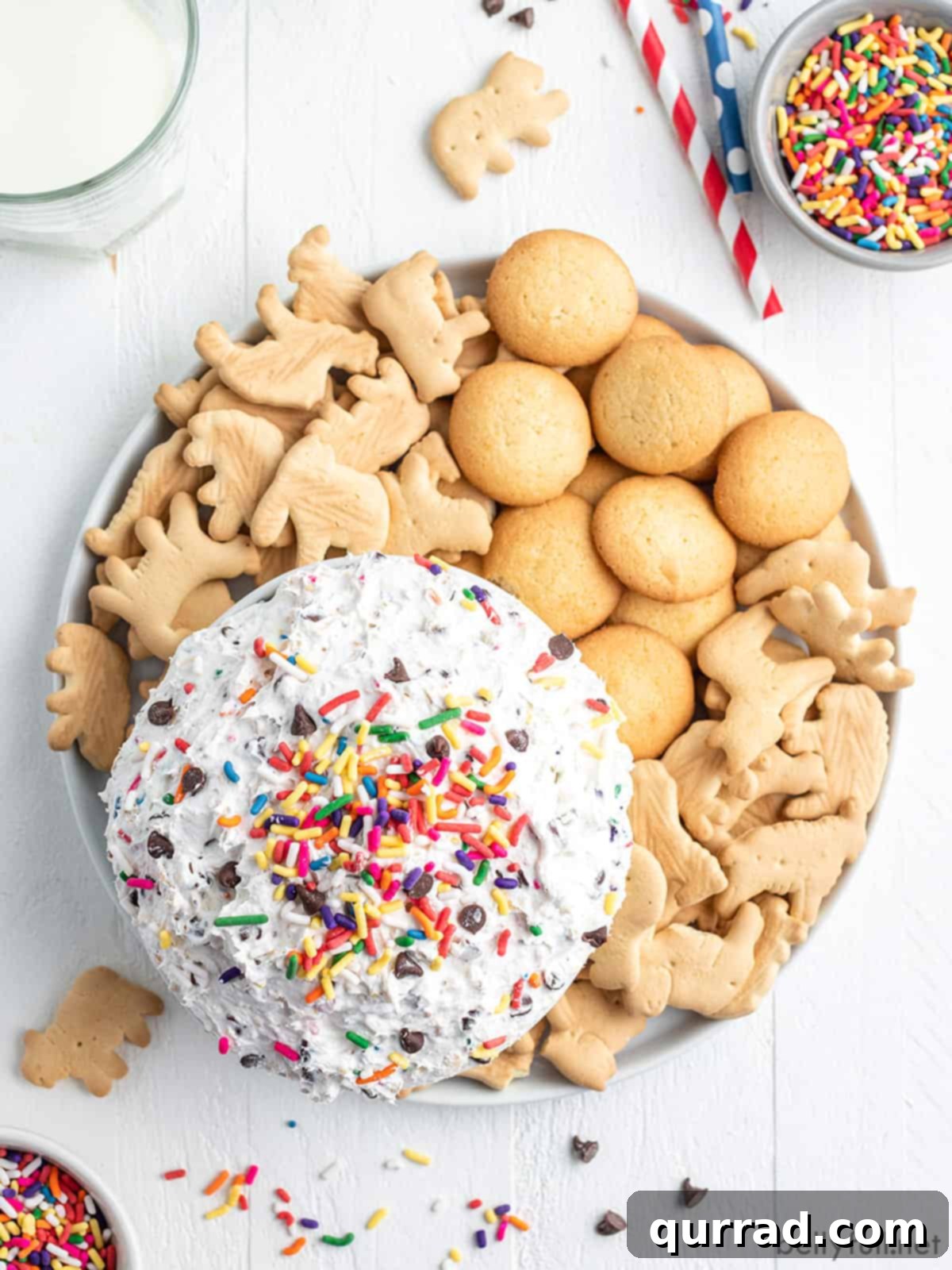 An overhead shot of a beautifully arranged platter featuring Funfetti Dip in a central bowl, artfully surrounded by an assortment of dippers such as whole animal crackers and crisp vanilla wafers.